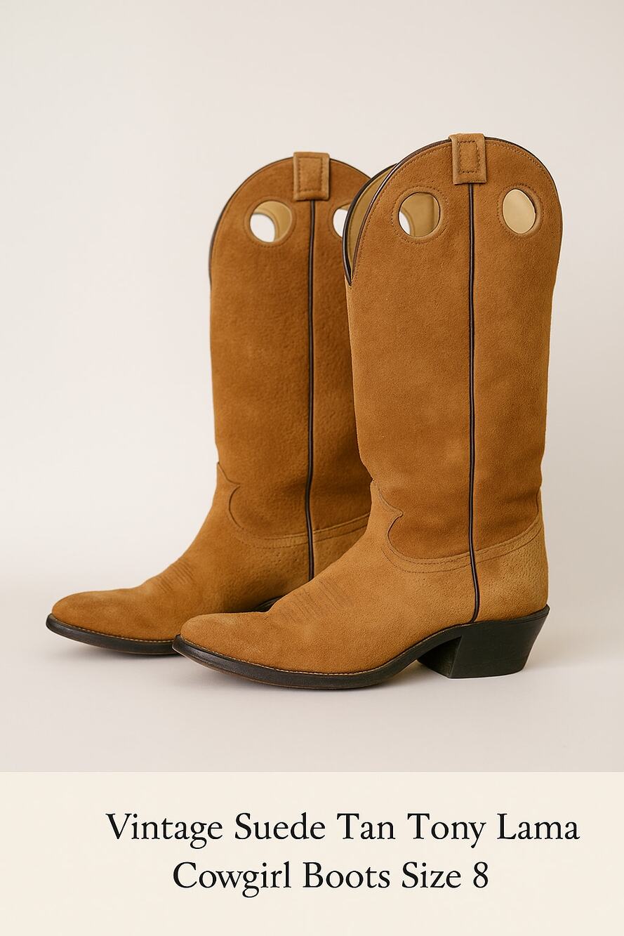 Vintage Tony Lama Suede Cowgirl Boots – Tan Western Round Toe Size 8